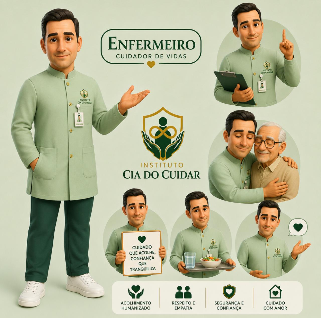 Mascote enfermeiro do Instituto Cia do Cuidar representando acolhimento ao idoso