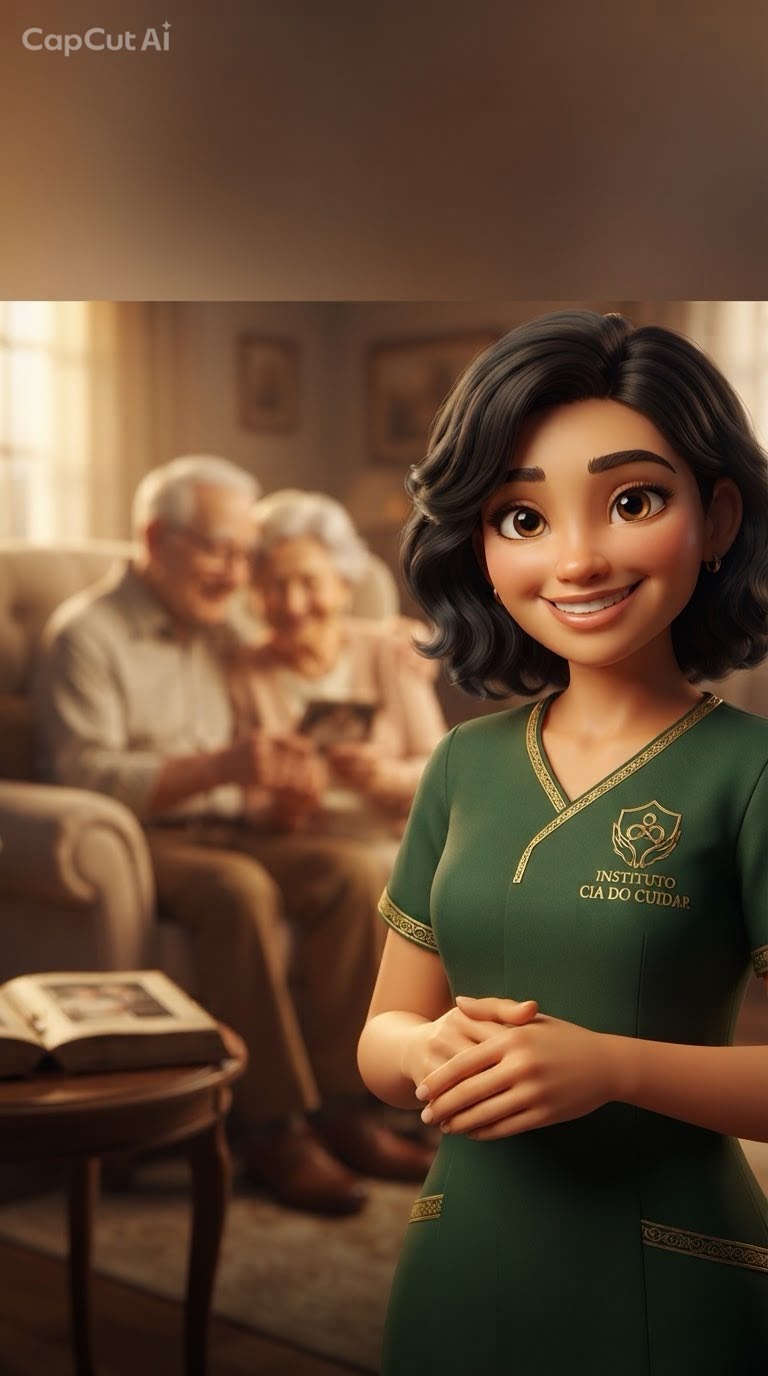 Mascote feminina do Instituto Cia do Cuidar com idosos ao fundo